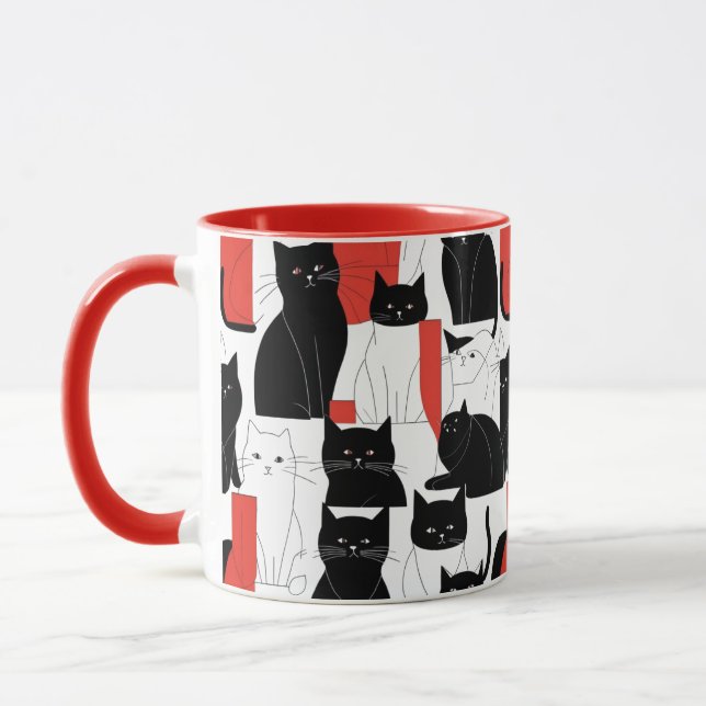 Caneca Colagem de Gato de Arte Vermelha e Negra Pop (Esquerda)