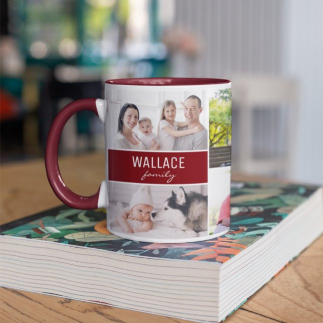 Caneca Colagem Vermelha Burgundy Moderna de Múltiplas Fot (Customizable, modern, red white two tone family collage mug.)