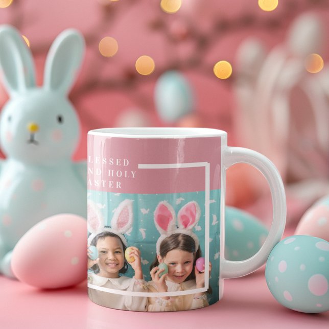 Caneca Colar de Páscoa Feliz e Abençoado Rosa Moderno | P (Criador carregado)