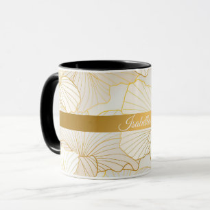 Caneca Coleção Dourada de Linha Floral Branca Elegante