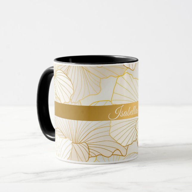 Caneca Coleção Dourada de Linha Floral Branca Elegante (Frente Esquerda)