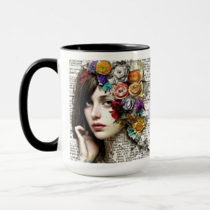 Caneca Collage Art Garota Bonito com flores no cabelo