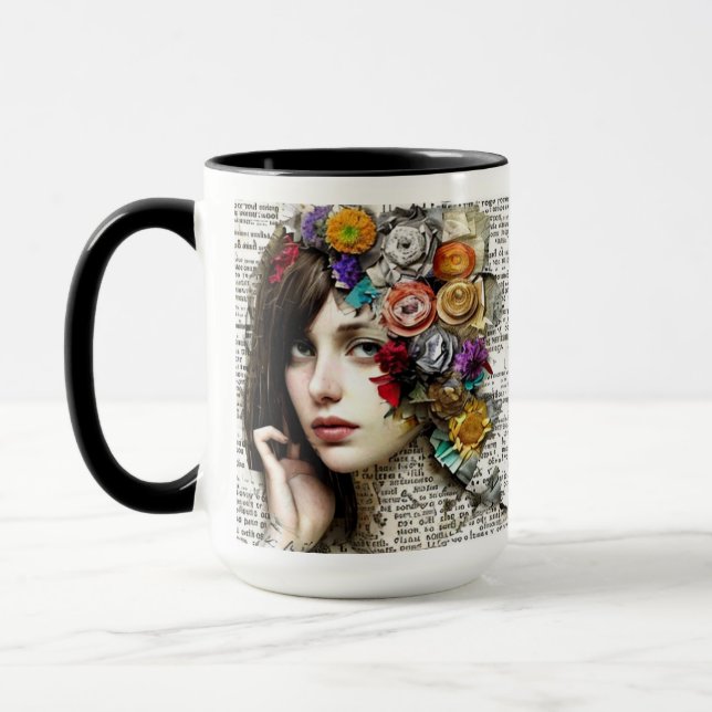 Caneca Collage Art | Garota Bonito com flores no cabelo (Esquerda)