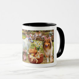 Caneca Collies and kittens celebrating as Easter Bunnies