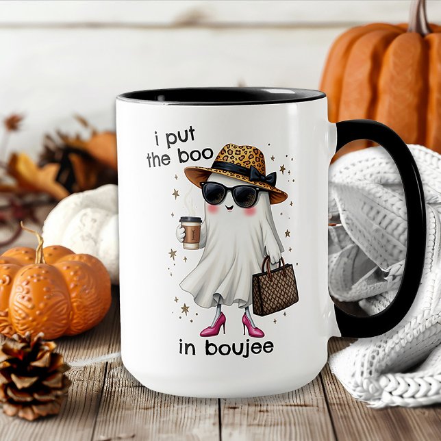 Caneca Coloquei o Boo em Boujee Ghost Coquette Halloween (Criador carregado)