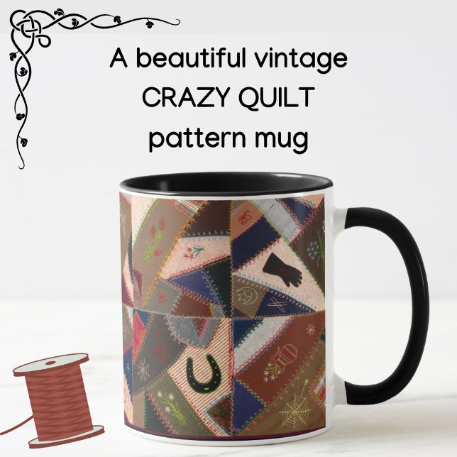 Caneca Coloração Colorida de Lucky, Colorida (A colorful vintage patchwork crazy quilt pattern mug! Choice of handle/interior colors available.)