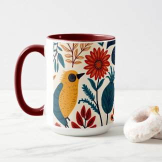 Caneca Colorful Cottagecore Floral Bird Pattern