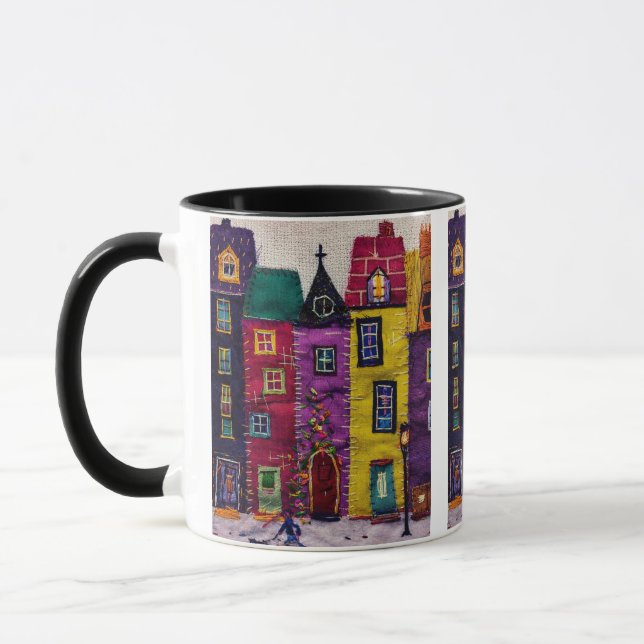Caneca Colorful Patchwork Houses Textile Art (Esquerda)