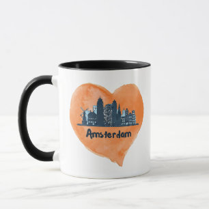 Caneca Colorida Amsterdam City Skyline Watercolor Heart P