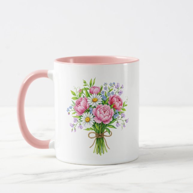 Caneca com Acento Rosa de Buquê de Peônia de Prima (Esquerda)
