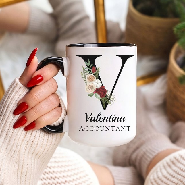 Caneca com Alfabeto de Monograma Personalizado par (Personalized Monogram Floral Alphabet Mug for Mom, Grandma, Teacher, Nurse, Lawyer or Bridesmaid)
