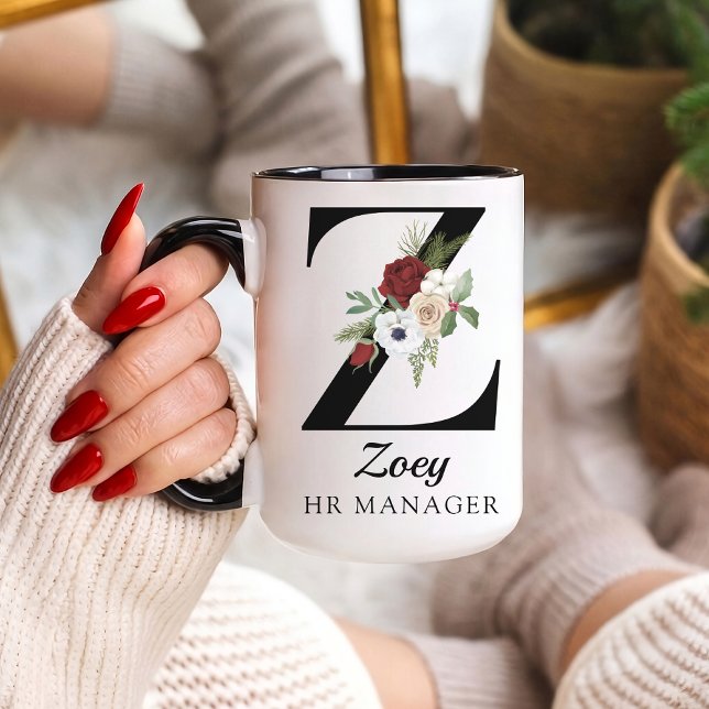 Caneca com Alfabeto de Monograma Personalizado par (Personalized Monogram Floral Alphabet Mug for Mom, Grandma, Teacher, Nurse, Lawyer or Bridesmaid)