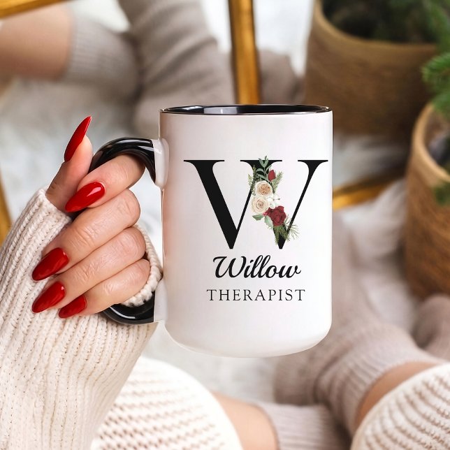 Caneca com Alfabeto de Monograma Personalizado par (Personalized Monogram Floral Alphabet Mug for Mom, Grandma, Teacher, Nurse, Lawyer or Bridesmaid)