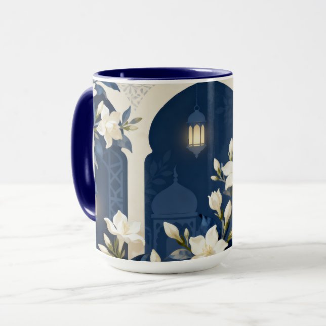 Caneca com Arco Islâmico Floral | Meia-Noite e Mar (Frente Esquerda)