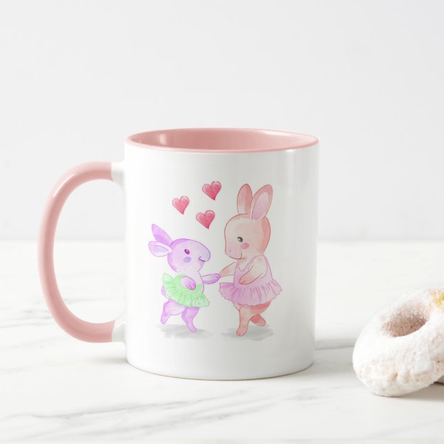 Caneca com Borda e Alça Rosa Coelhinhos Dançando T (Com Donut)