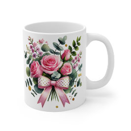 Caneca com Buquê de Rosa Rosa, Xícara de Café Flor