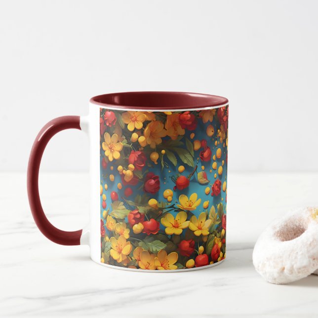 Caneca com Design de Padrão Floral Vibrante Amarel (Com Donut)