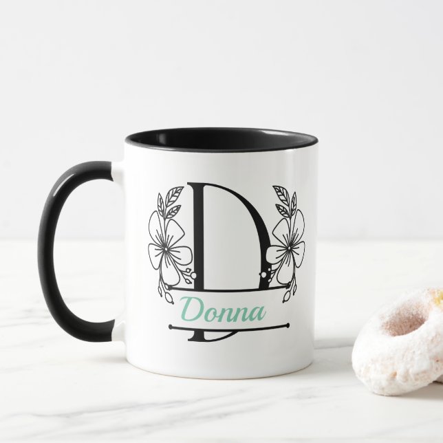 Caneca com Floral Monograma Personalizado Letra D  (Com Donut)