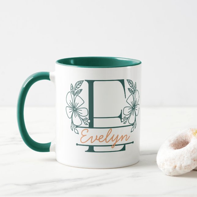 Caneca com Floral Personalizado Letra E - Personal (Com Donut)