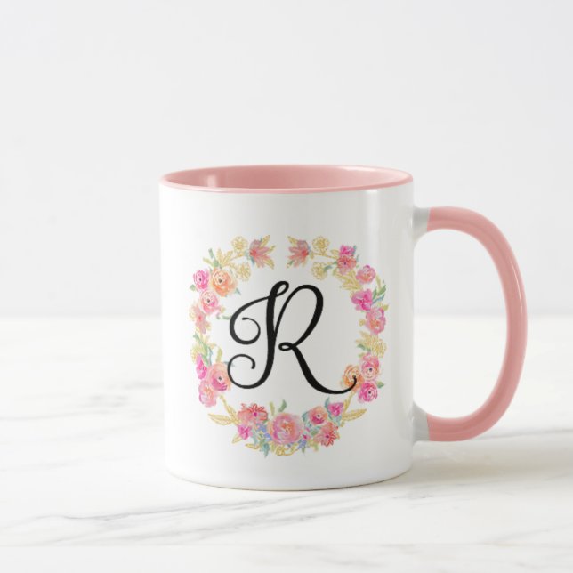 Caneca com Grinalda de Flores com Monograma Rosa F (Direita)