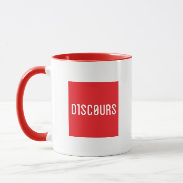 caneca com logotipo vermelho D1SC0URS (Esquerda)