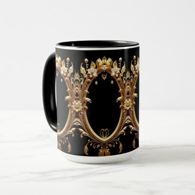 Caneca com Moldura Floral Dourada Ornamentada (Frente Esquerda)
