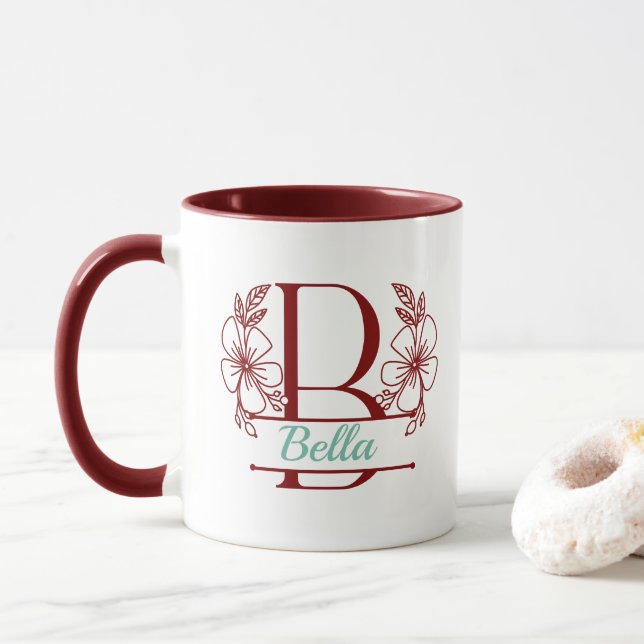 Caneca com Monograma Floral Personalizado Letra B  (Com Donut)