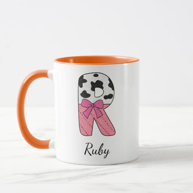 Caneca com Nome Inicial Personalizado | Vaca Rosa  (Esquerda)