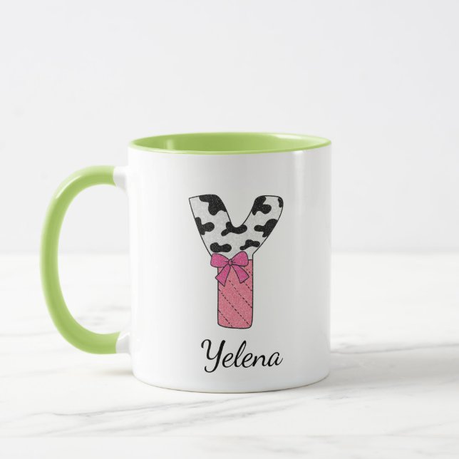 Caneca com Nome Inicial Personalizado | Vaca Rosa  (Esquerda)