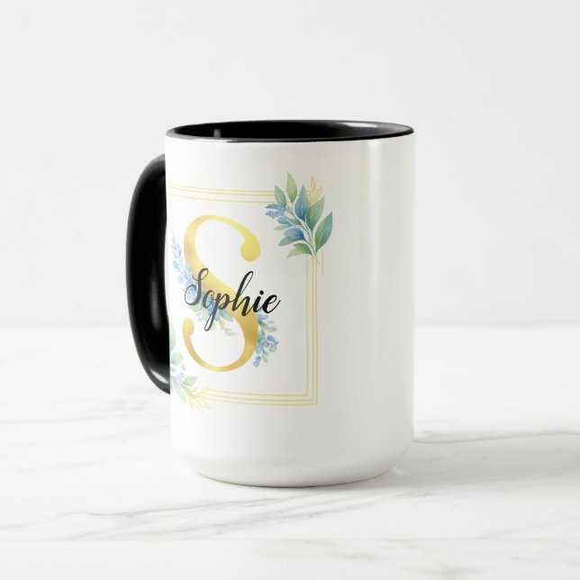 Caneca com Nome Personalizado • Inicial Floral e D (Frente Esquerda)