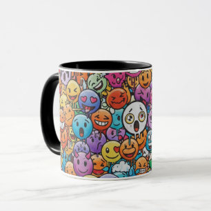 Caneca com Padrão de Carinhas de Emoji Coloridas e