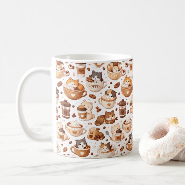 Caneca com Padrão de Gatinho Adorável e Café (Com Donut)