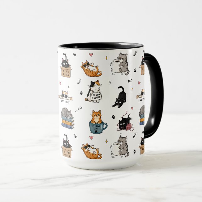 Caneca com padrão de gato engraçado, caneca de caf (Frente Esquerda)