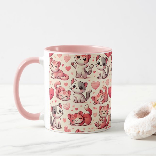 Caneca com padrão de Gato Fofo e Corações – Rosa e (Com Donut)