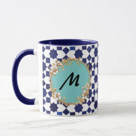 Caneca com Padrão Geométrico Azul e Círculo Floral