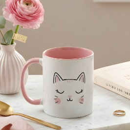 Caneca com Rosto de Gato Adormecido Rosa e Branco