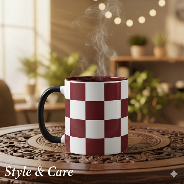 Caneca Combo 11 oz com Padrão de Quadrado Marrom (White with Maroon Square Pattern 11 oz Combo Mug)