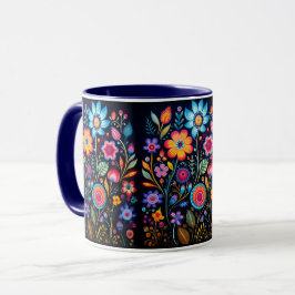 Caneca Combo de Cerâmica Preta com Jardim Floral V