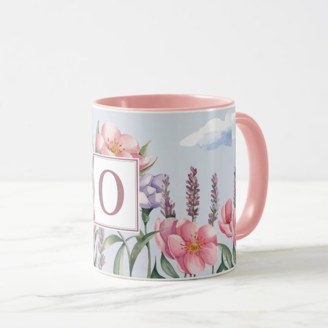 Caneca Combo Monograma O Rosa Flores de Lavanda (Frente Esquerda)