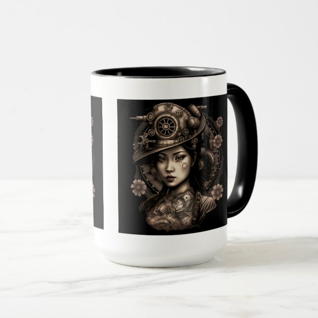 Caneca Combo Mug, 15 oz, Mulher Steampunk Asiática (Frente Esquerda)