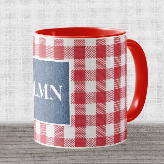 Caneca Combo Red & White Check Blue Denim Monograma 11oz (Criador carregado)