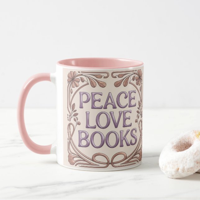 Caneca Combo Rosa Paz Amor Livros (Com Donut)