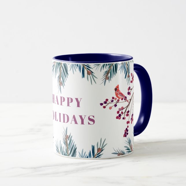 Caneca Combustos e pássaros de pinheiros felizes, moderno (Frente Esquerda)