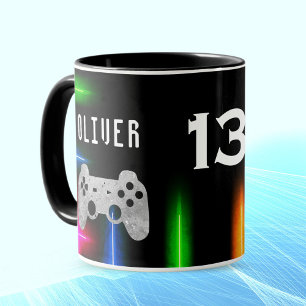 Caneca Controle de Video Game para Gamer Nome Idade Neon