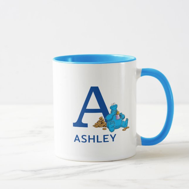 Caneca Cookie Monster Comendo Cookies Nome & Monograma A (Direita)