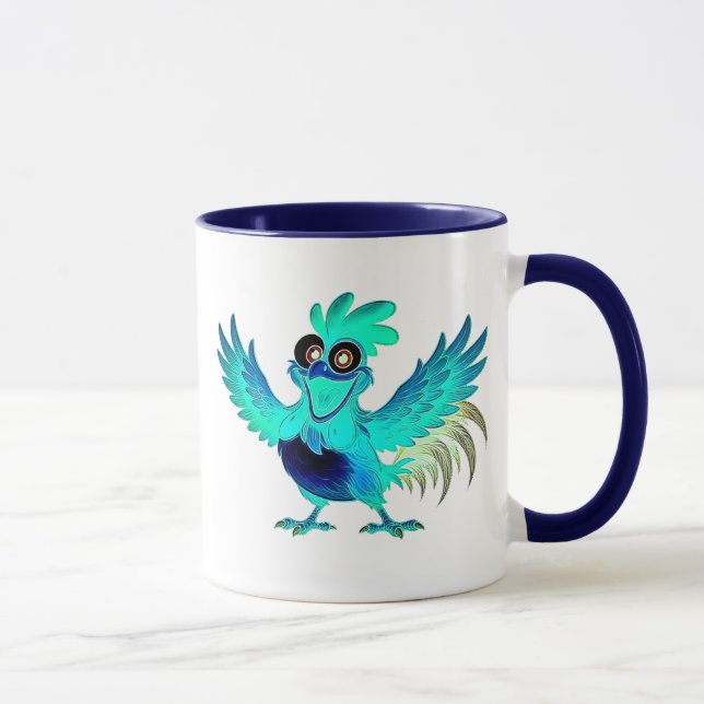 Caneca Coq cartoon bleu joyeux avec ailes déployées. (Direita)