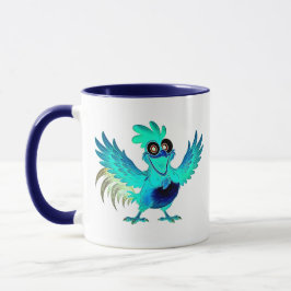 Caneca Coq cartoon bleu joyeux avec ailes déployées.