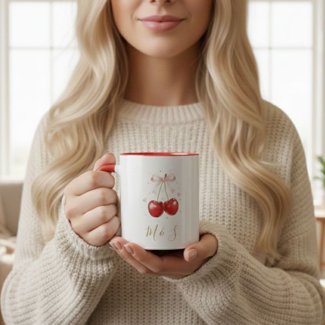 Caneca Coquette Cherry Pink Bow Mug Personalized Initials (Criador carregado)