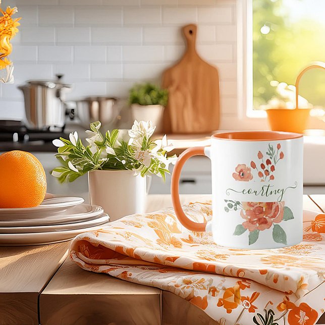Caneca Cor d'água laranja floral personalizada (Criador carregado)