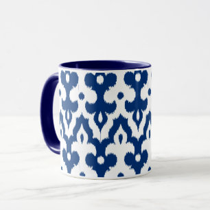 Caneca Cor damasco, azuis cobaltos & branco de Ikat do